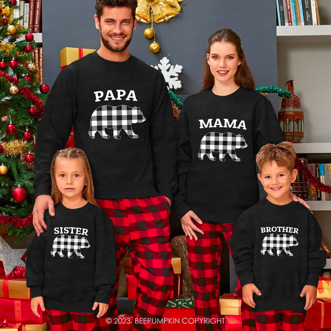 Personalized Black White Buffalo Check Matching Christmas Sweatshirts