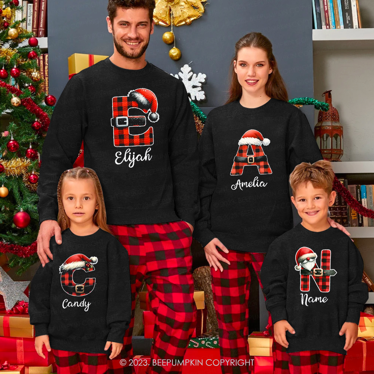 Personalized Reindeer Santa Claus Christmas Plaid Letters Sweatshirts