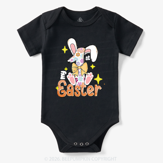 Yellow Bow Floral Bunny 1st Easter Baby Bodysuit