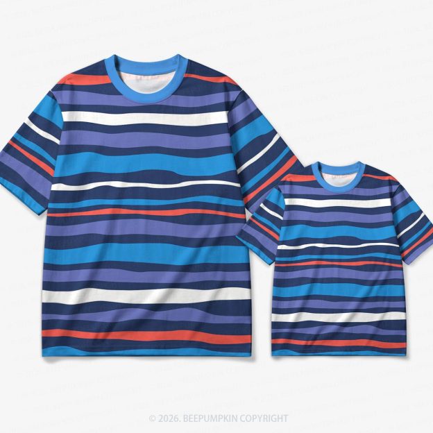 Retro Ocean Wave Stripe Family Matching Ringer T-Shirt