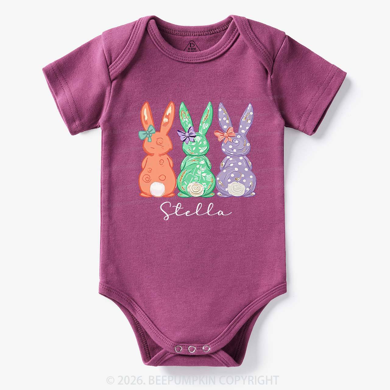 Personalized Three Colorful Bunnies Easter Baby Bodysuit