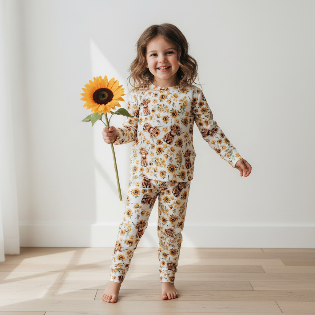 Highland Cow Floral Two-Piece Pajama Set For Kids