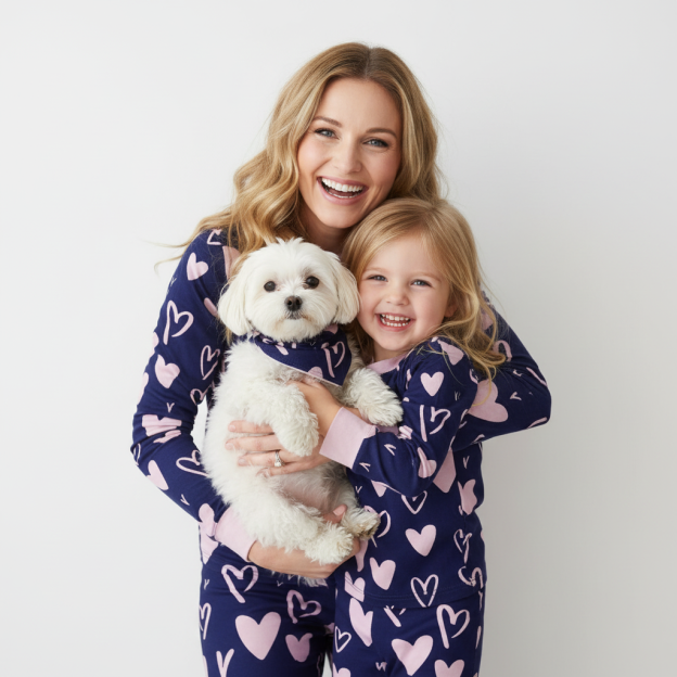 Pink Love On Navy All-Over Print Mom&Me Cuffed Pajama Sets