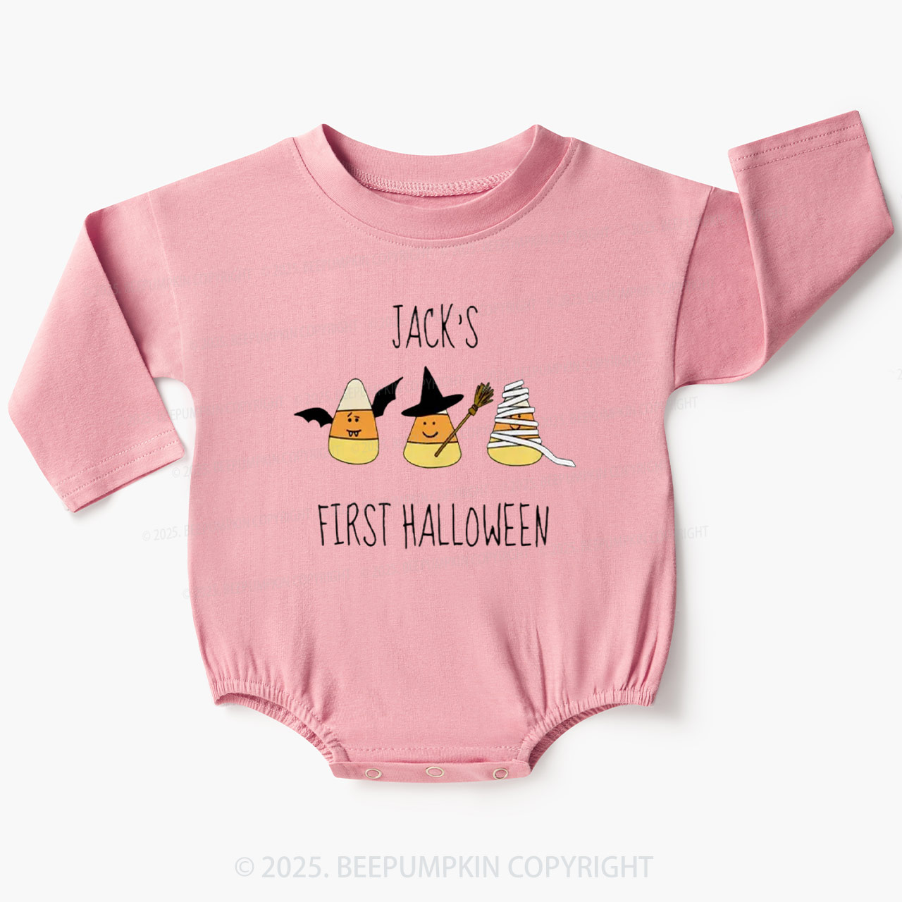 Personalized First Halloween Candy Corn Baby Bubble Romper Beepumpkin