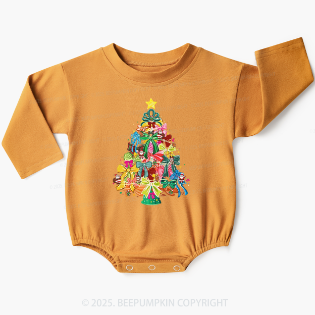 Colorful Coquette Christmas Tree Bow Baby Bubble Romper Beepumpkin