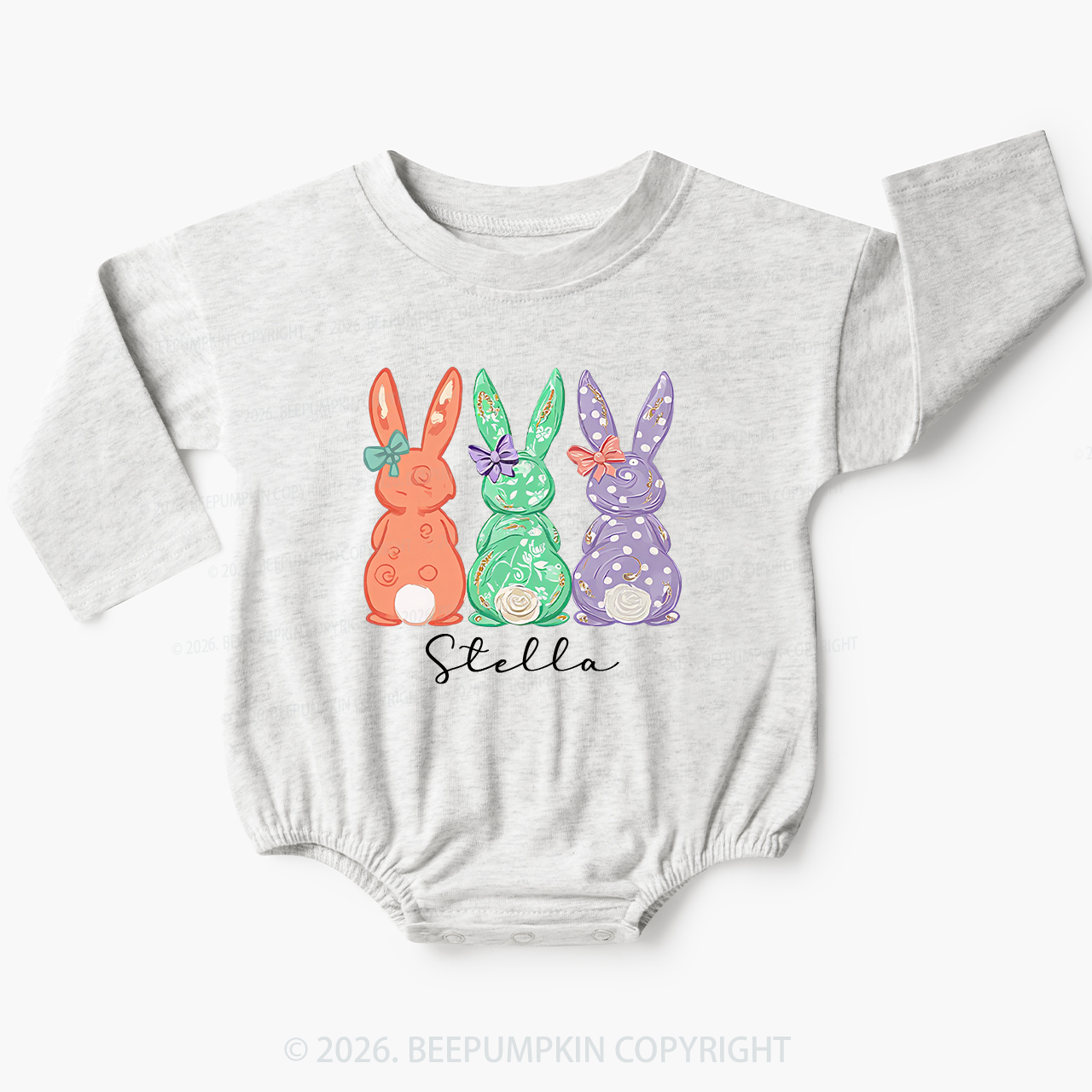 Personalized Three Colorful Bunnies Easter Baby Bubble Romper