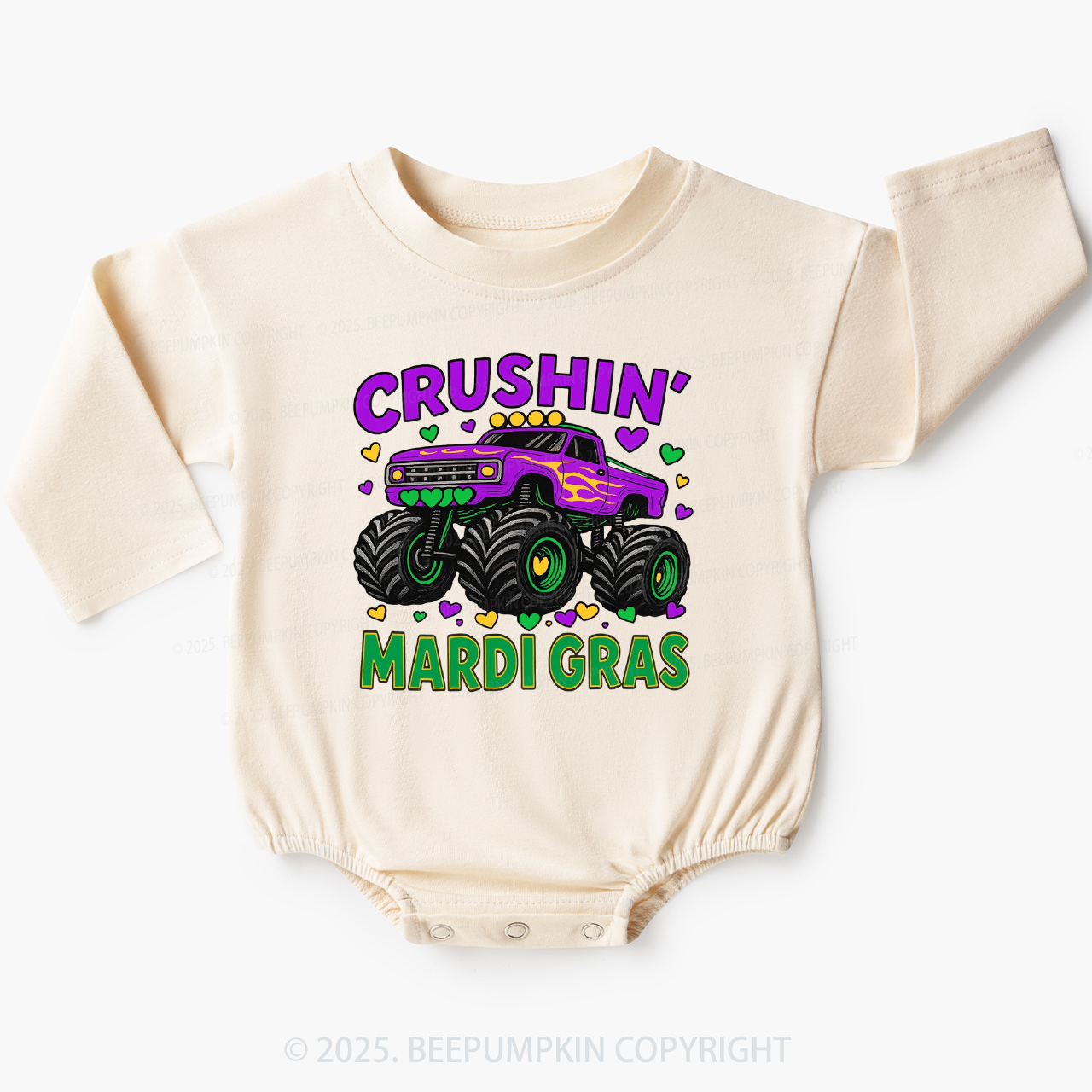 Crushin' Mardi Gras Monster Truck Baby Bubble Romper Beepumpkin