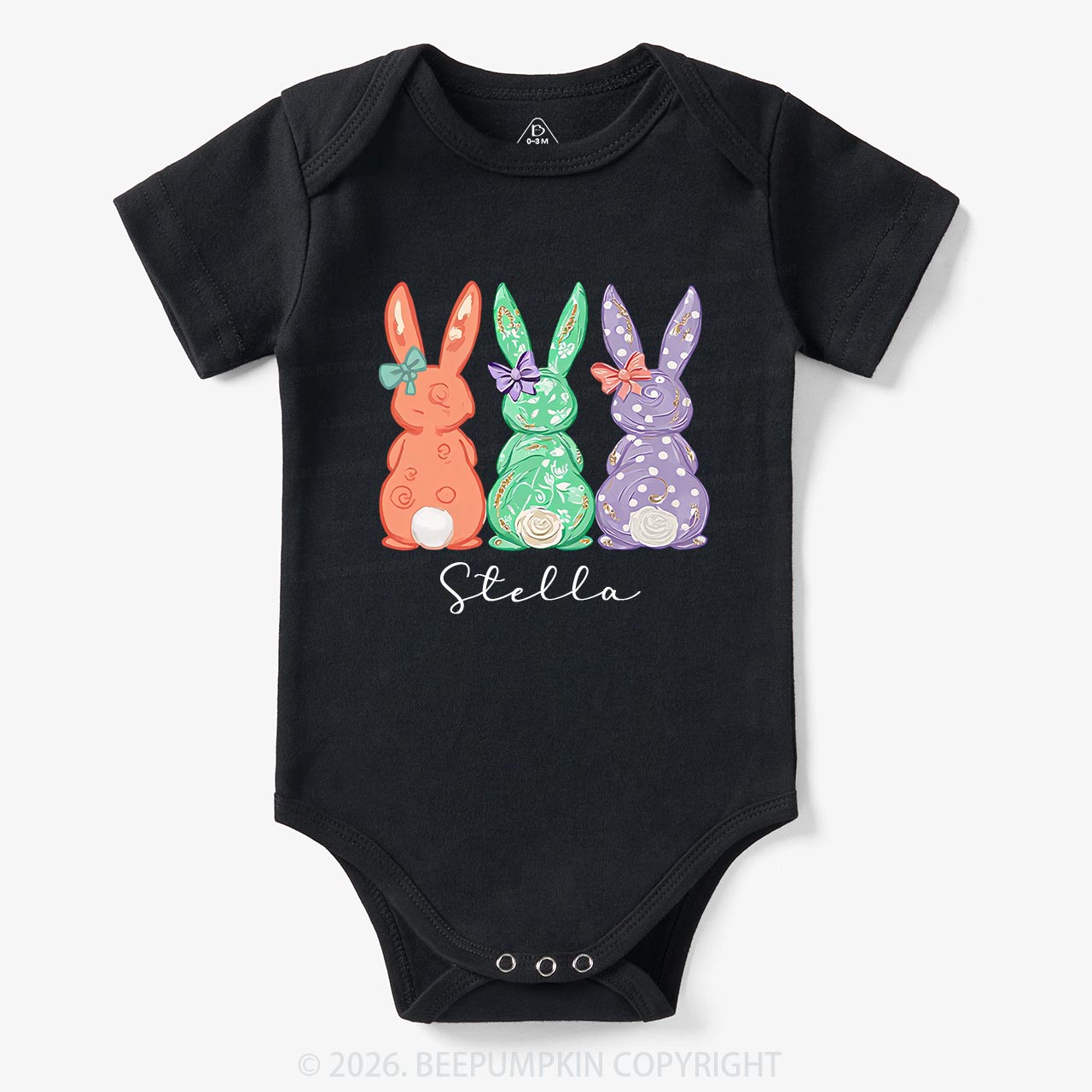 Personalized Three Colorful Bunnies Easter Baby Bodysuit