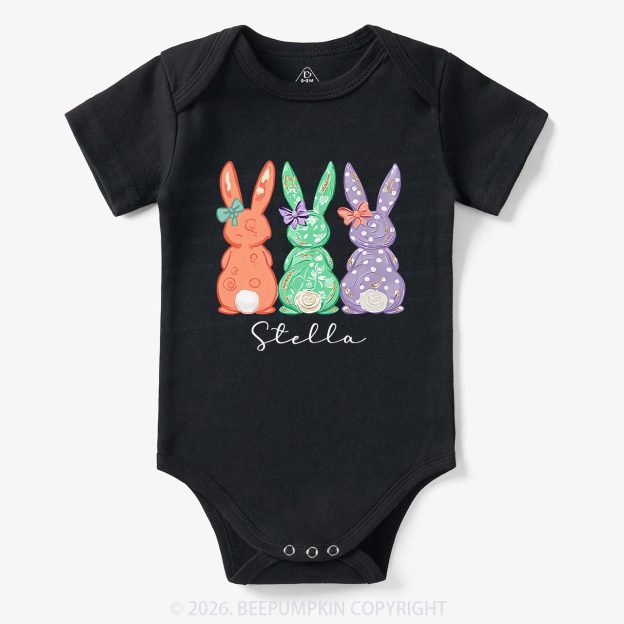 Personalized Three Colorful Bunnies Easter Baby Bodysuit