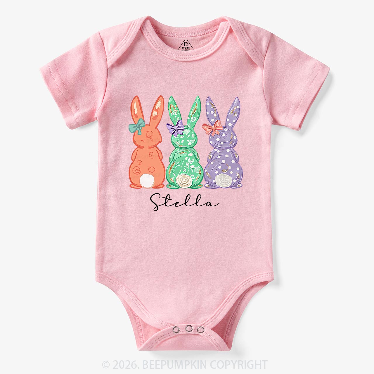 Personalized Three Colorful Bunnies Easter Baby Bodysuit