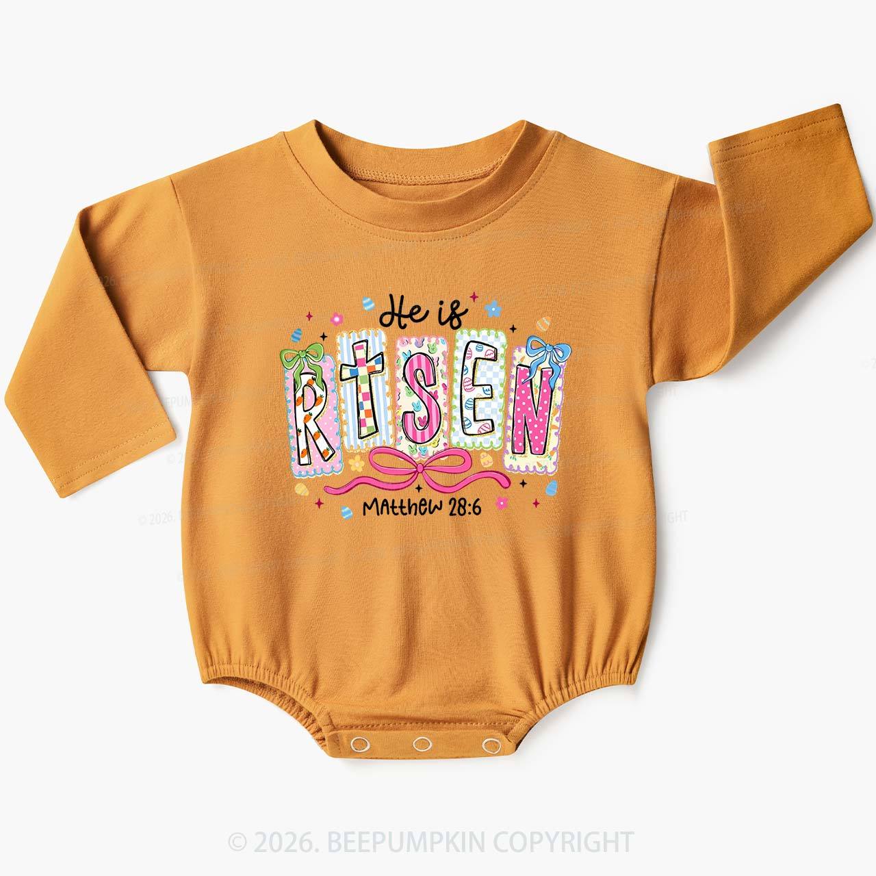 Easter Bow Lettering He Is Rise Baby Bubble Romper