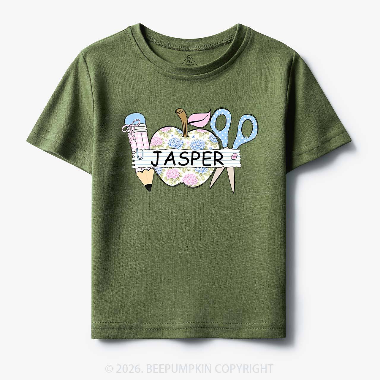 Personalized Name Preppy Floral Pencil Apple Scissors Toddler&Kid's Tees