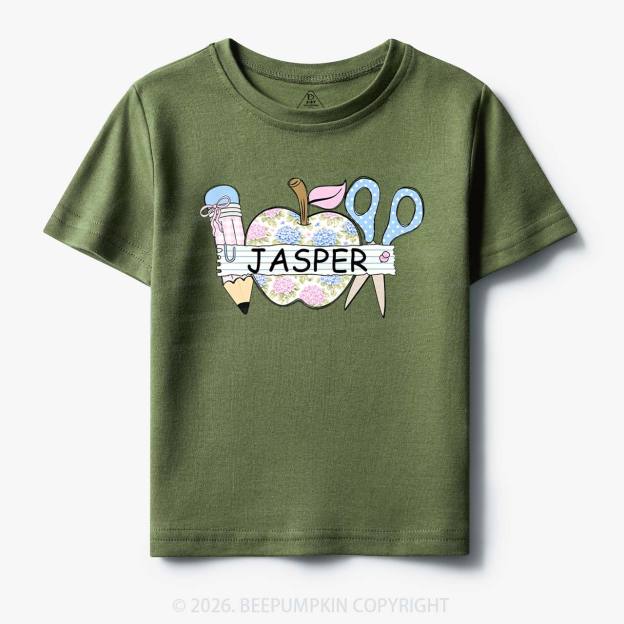 Personalized Name Preppy Floral Pencil Apple Scissors Toddler&Kid's Tees