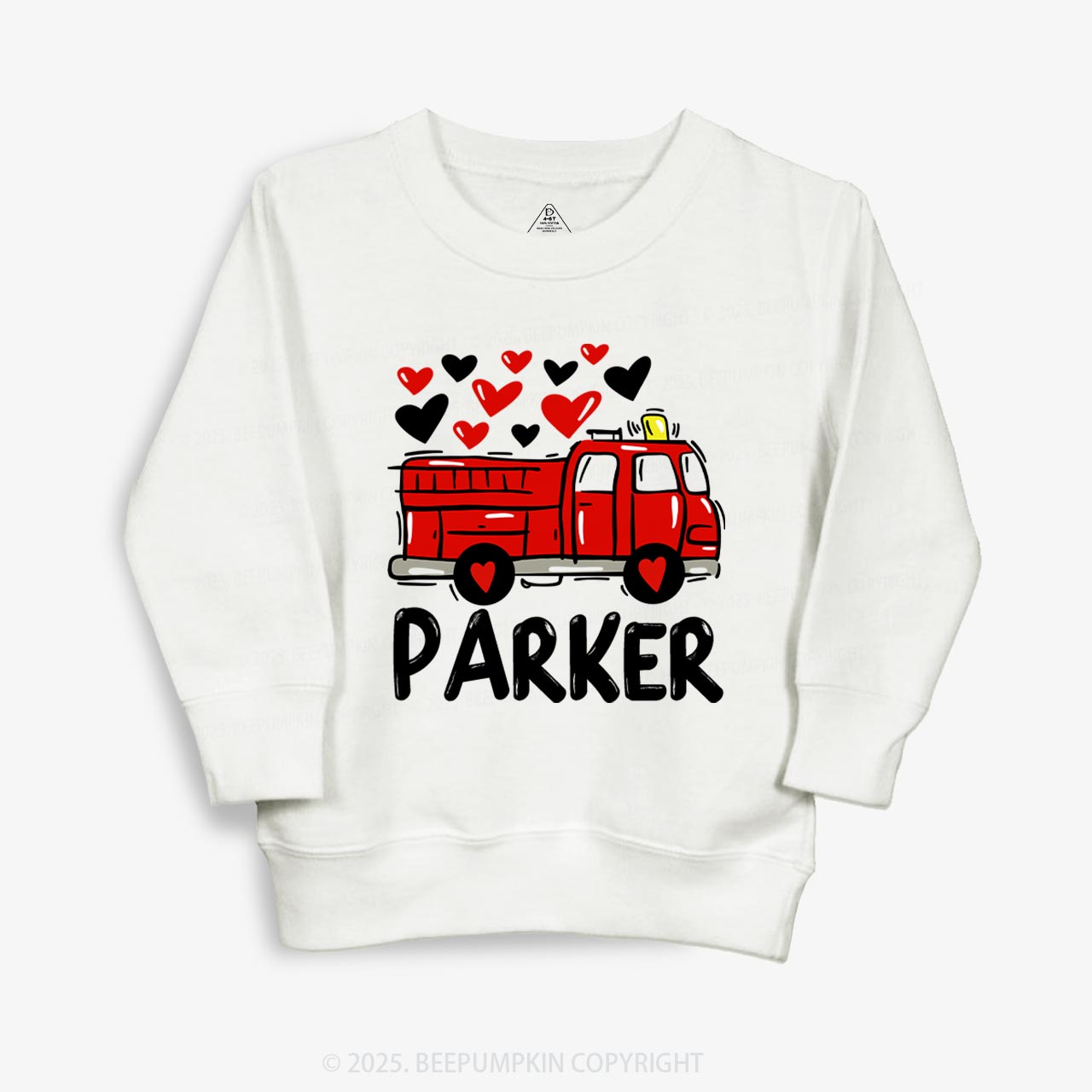 Personalized Name Fire Truck Valentine's Day Kid's Sweatshirt