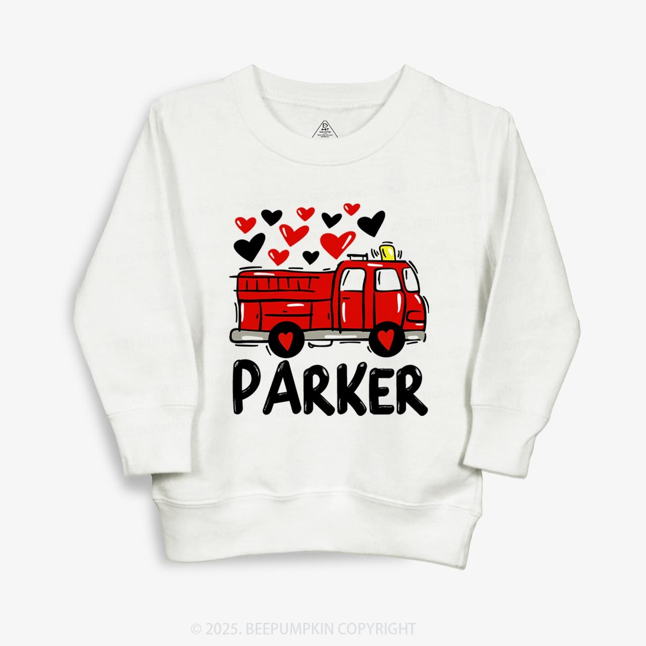 Personalized Name Fire Truck Valentine's Day Kid's Sweatshirt