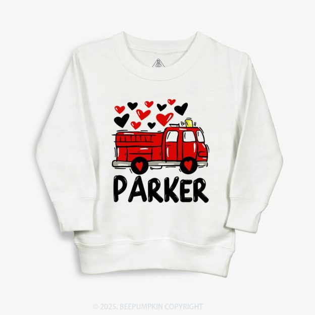 Personalized Name Fire Truck Valentine's Day Kid's Sweatshirt