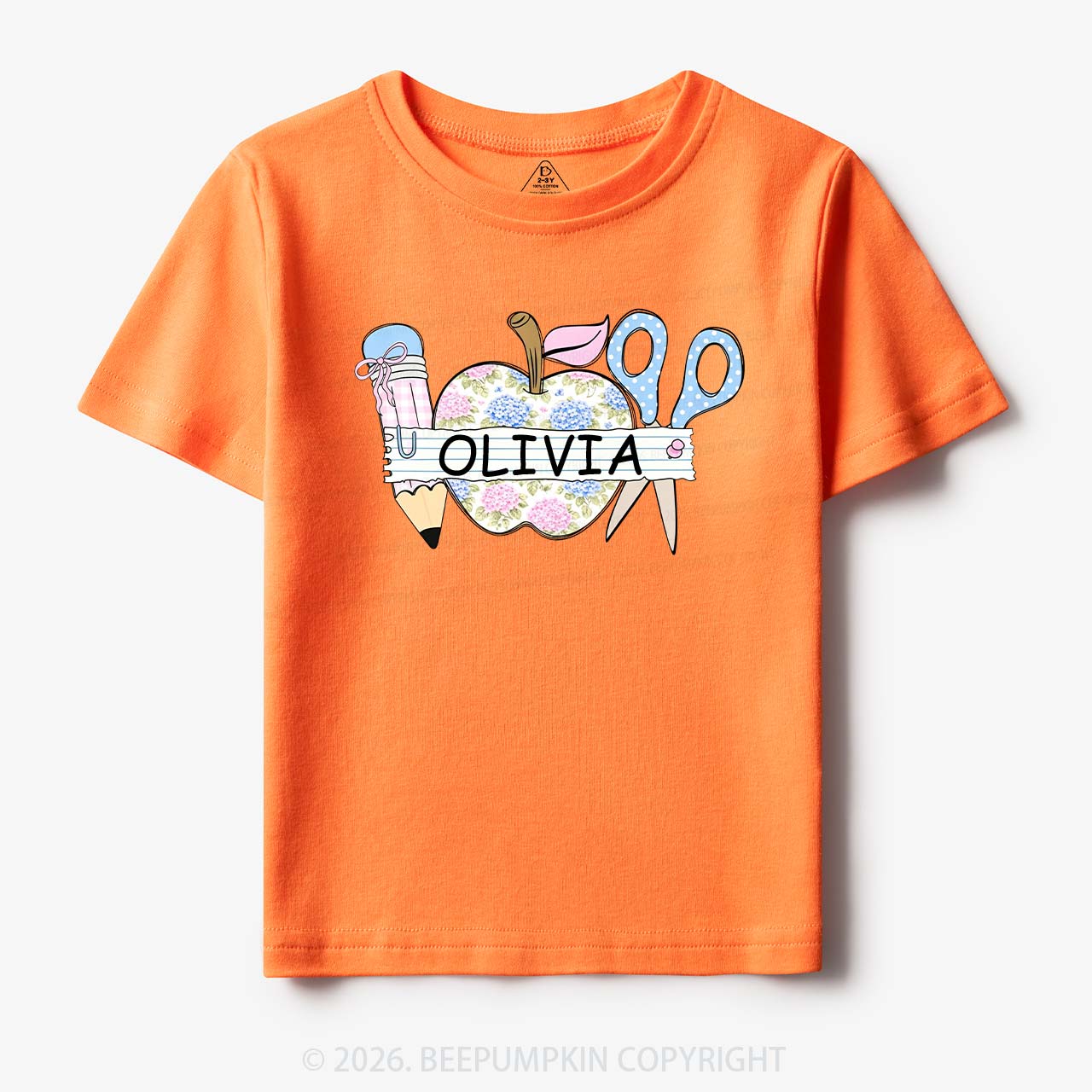 Personalized Name Preppy Floral Pencil Apple Scissors Toddler&Kid's Tees