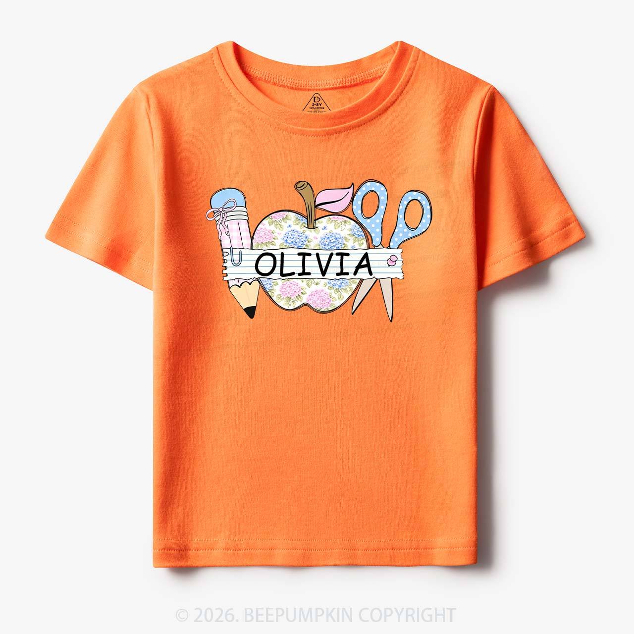 Personalized Name Preppy Floral Pencil Apple Scissors Toddler&Kid's Tees