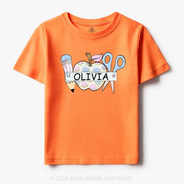 Personalized Name Preppy Floral Pencil Apple Scissors Toddler&Kid's Tees
