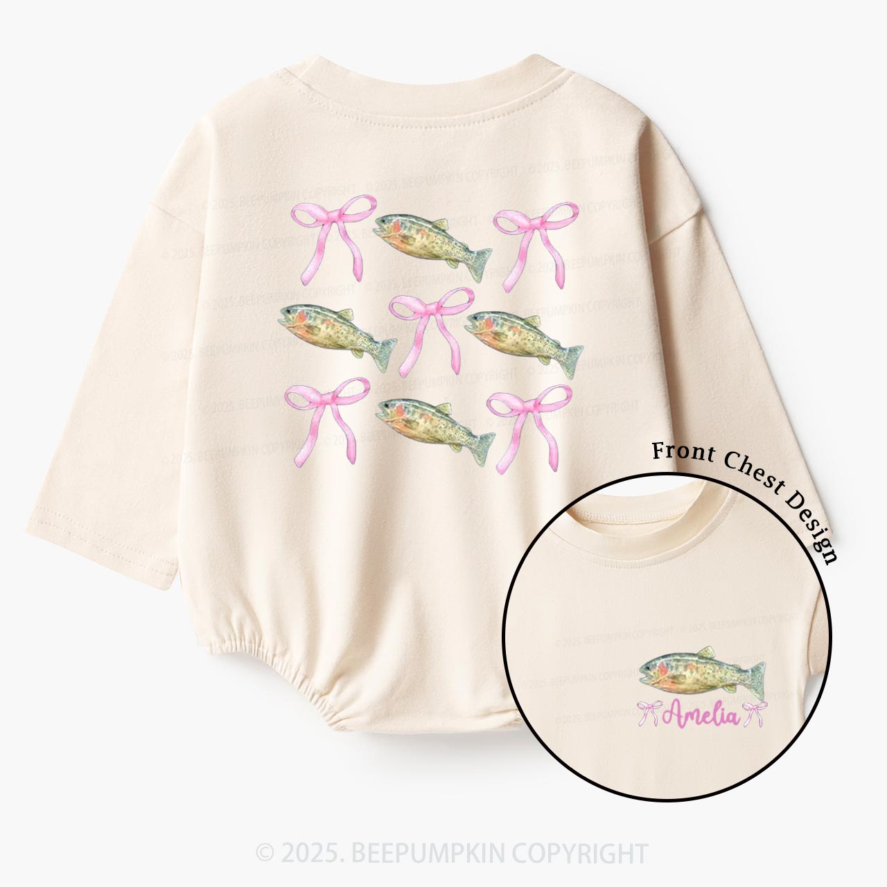 Personalized Pink Bow Fishing Baby Bubble Romper Beepumpkin