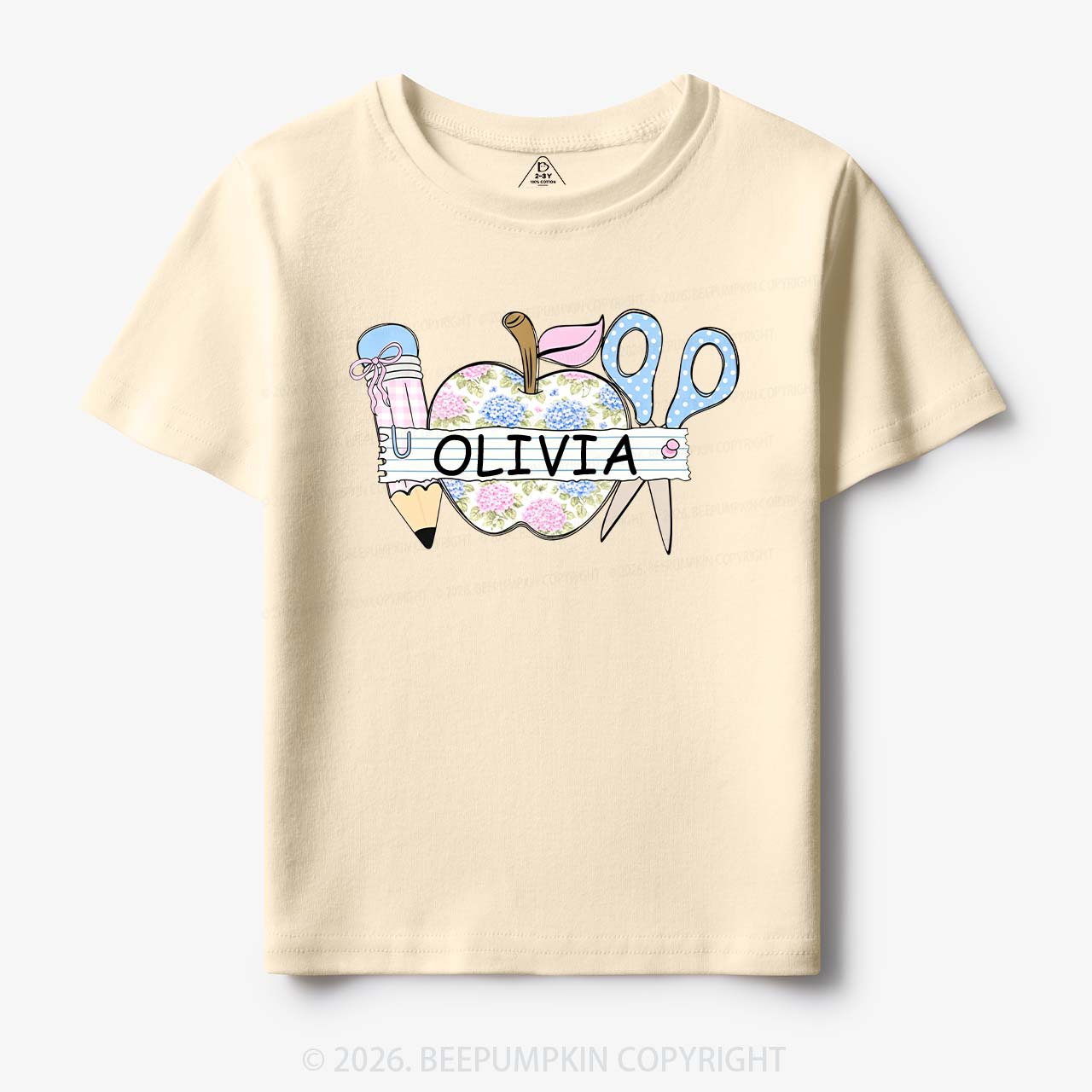 Personalized Name Preppy Floral Pencil Apple Scissors Toddler&Kid's Tees