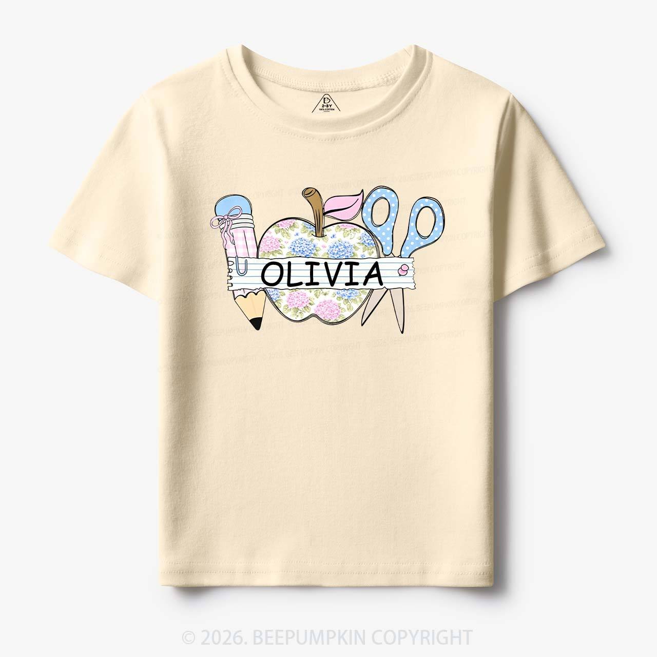 Personalized Name Preppy Floral Pencil Apple Scissors Toddler&Kid's Tees