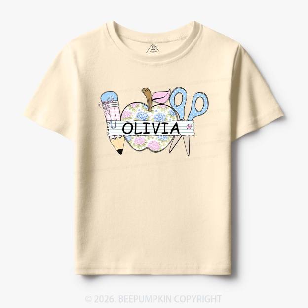 Personalized Name Preppy Floral Pencil Apple Scissors Toddler&Kid's Tees