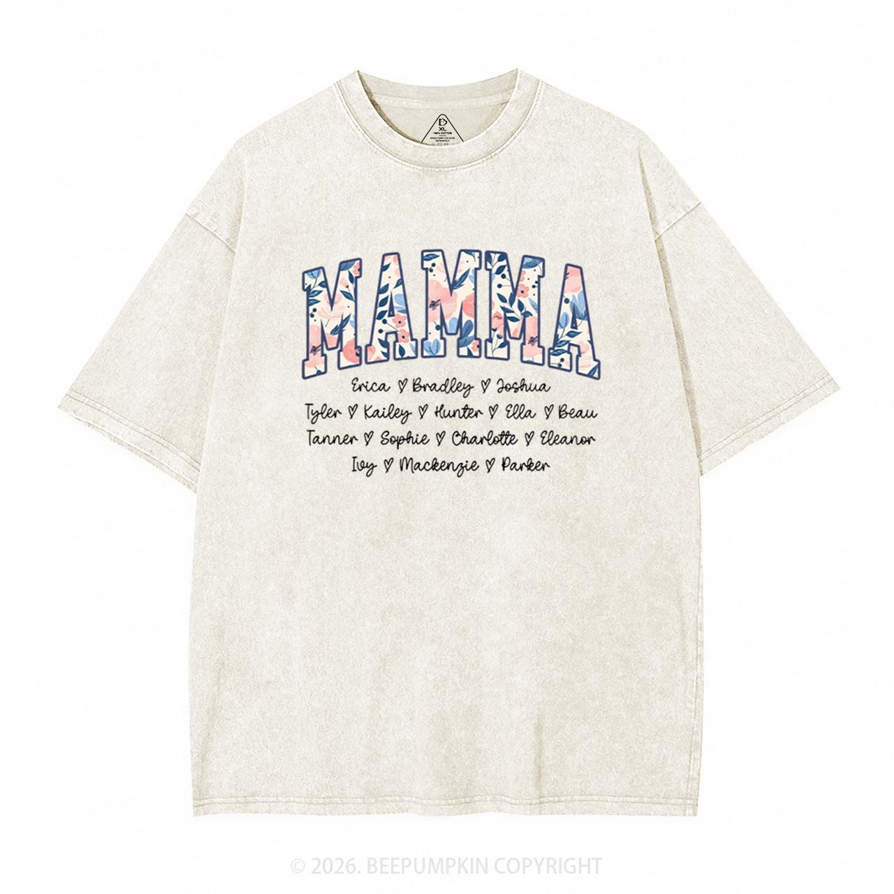 Personalized Floral with Names Mother's Day Adult Washed T-Shirts