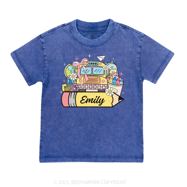 Personalized Kid Name School Bus Toddler&Kids Washed Tees