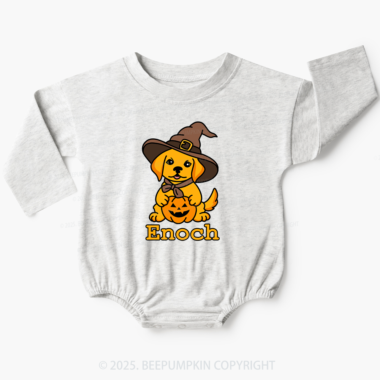 Personalized Dog Wtih Witch Hat Baby Bubble Romper Beepumpkin