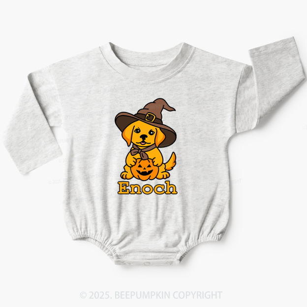 Personalized Dog Wtih Witch Hat Baby Bubble Romper Beepumpkin