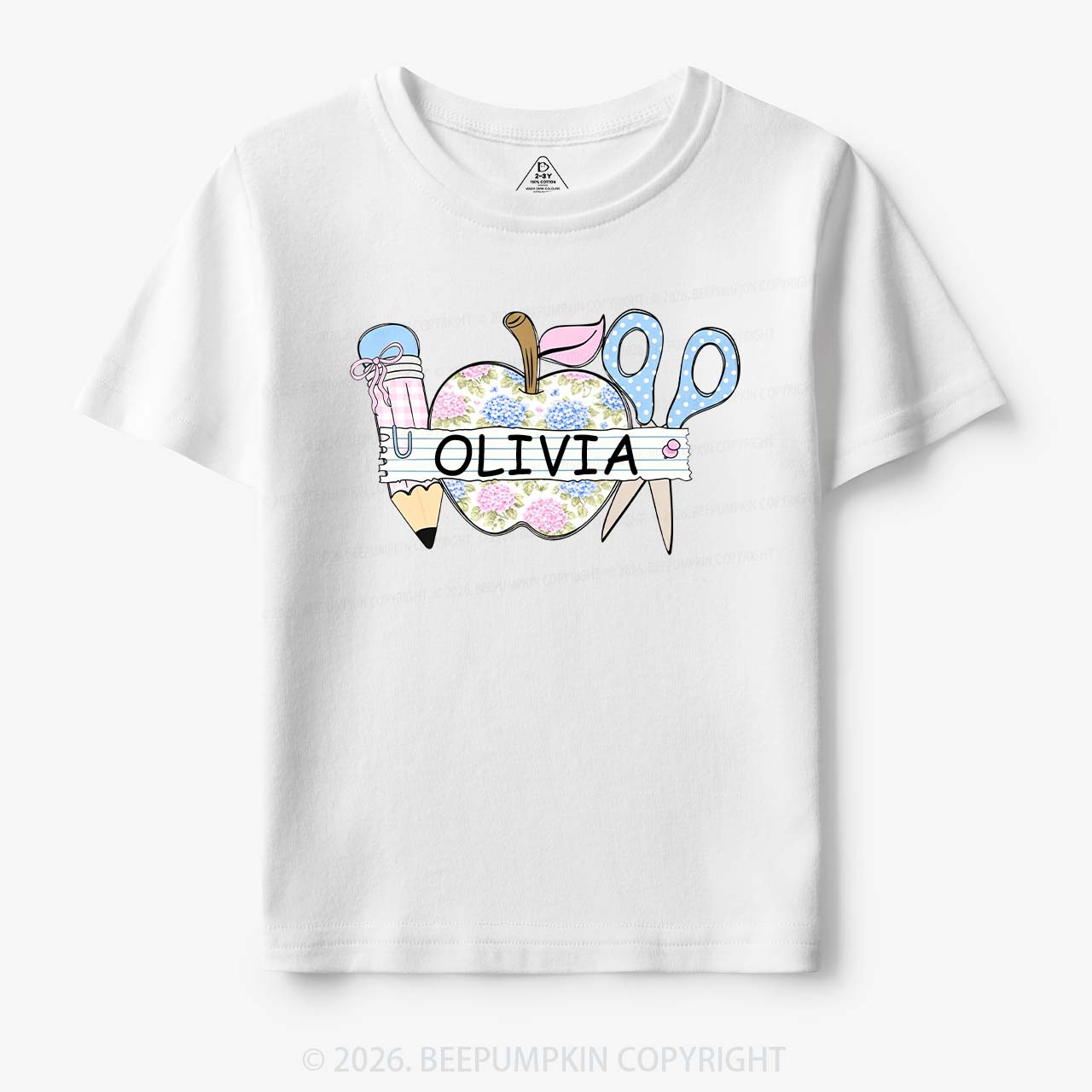 Personalized Name Preppy Floral Pencil Apple Scissors Toddler&Kid's Tees