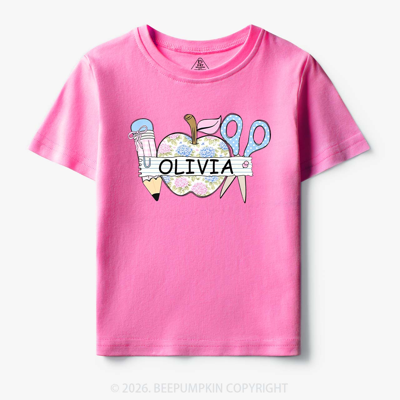 Personalized Name Preppy Floral Pencil Apple Scissors Toddler&Kid's Tees