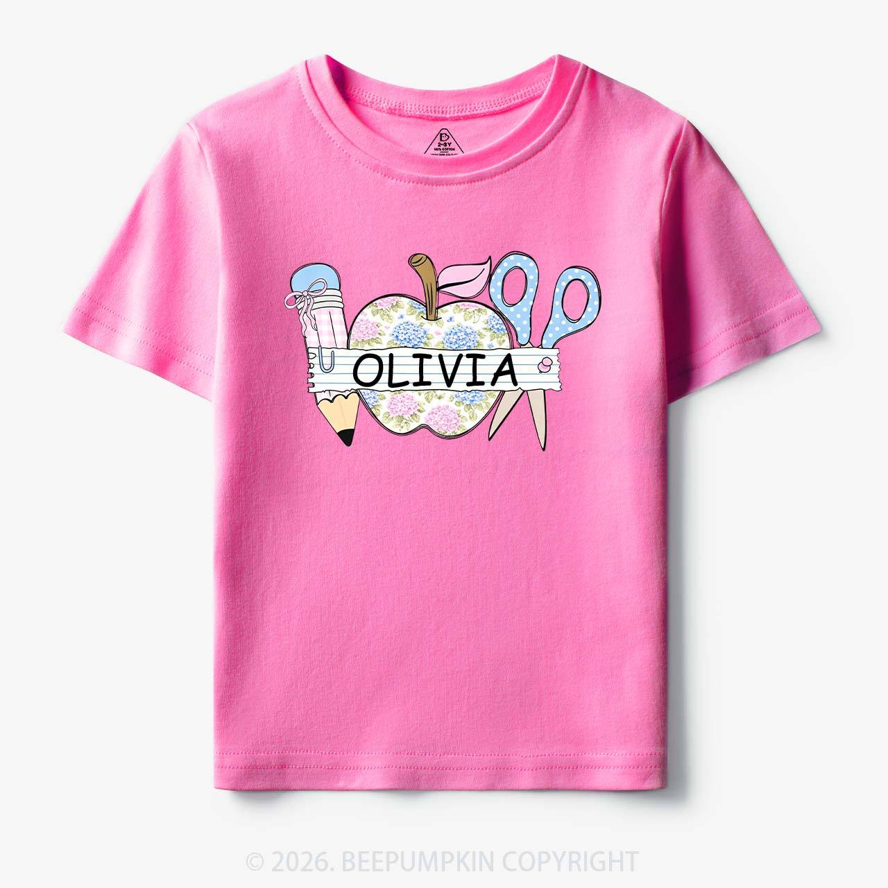 Personalized Name Preppy Floral Pencil Apple Scissors Toddler&Kid's Tees