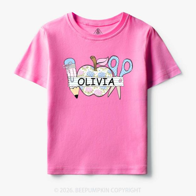 Personalized Name Preppy Floral Pencil Apple Scissors Toddler&Kid's Tees