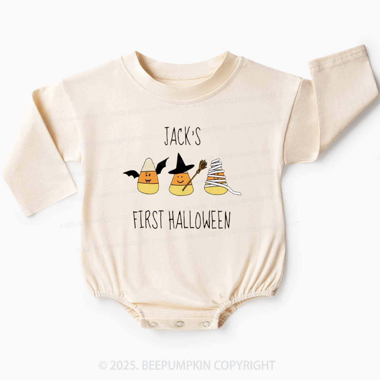 Personalized First Halloween Candy Corn Baby Bubble Romper Beepumpkin