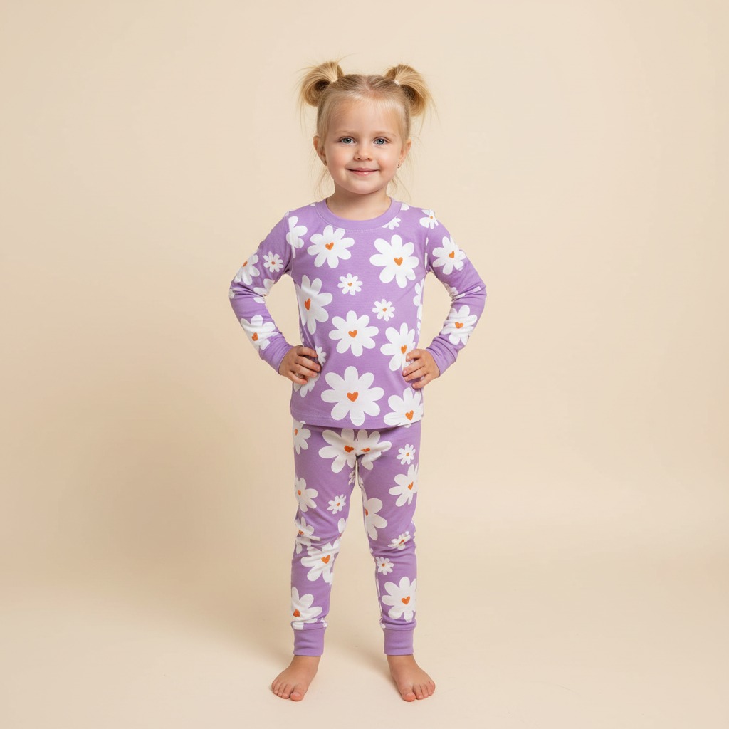 Lavender Daisy Two-Piece Pajama Set For Kids