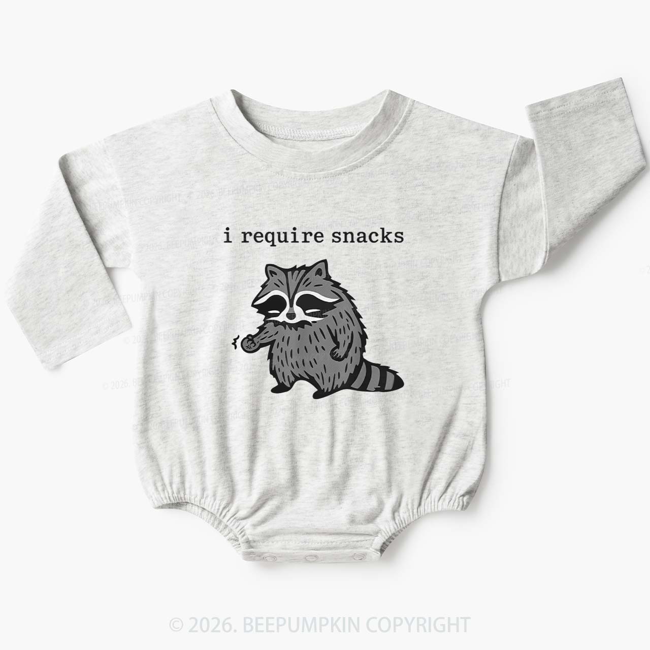 I Require Snacks Raccoon Baby Bubble Romper