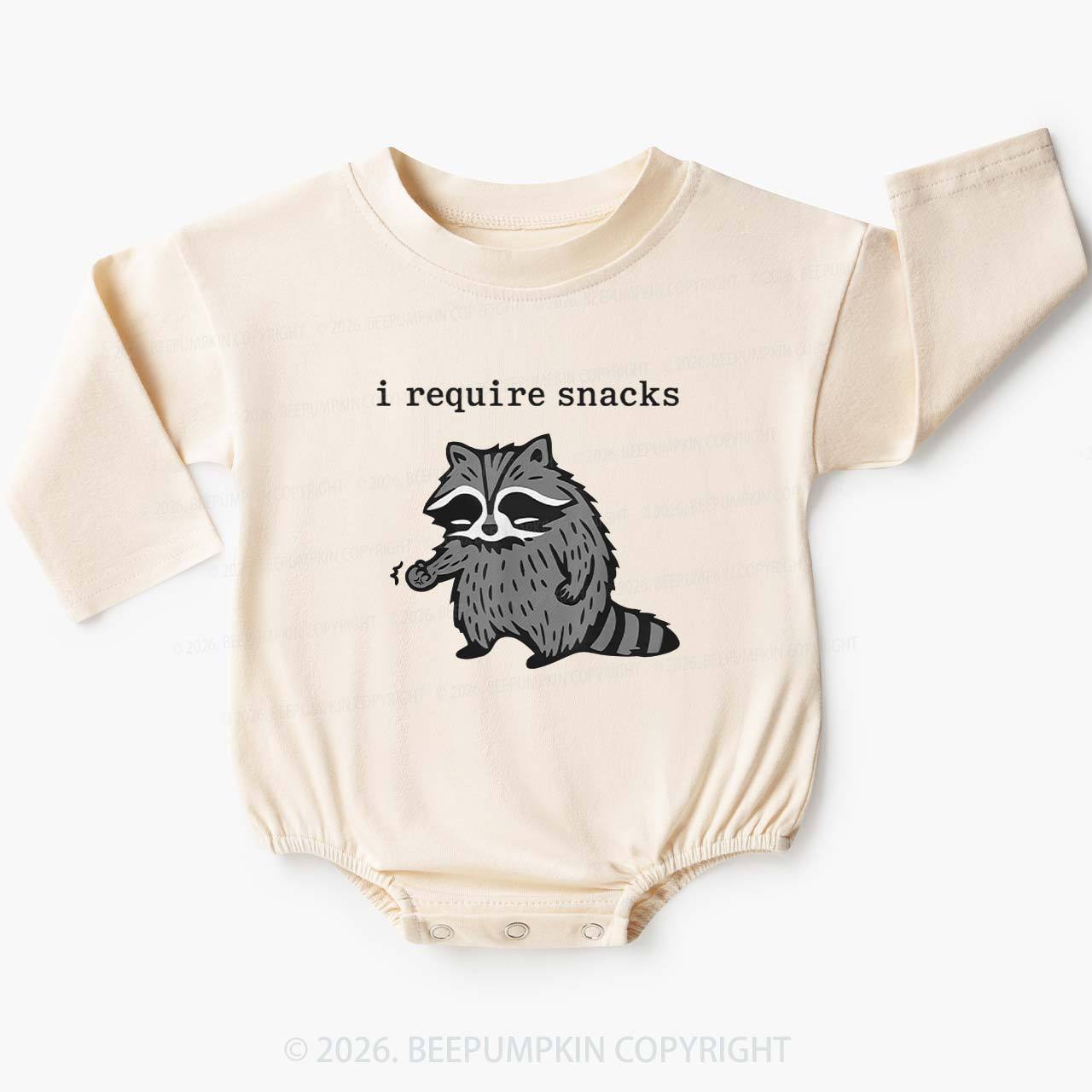 I Require Snacks Raccoon Baby Bubble Romper