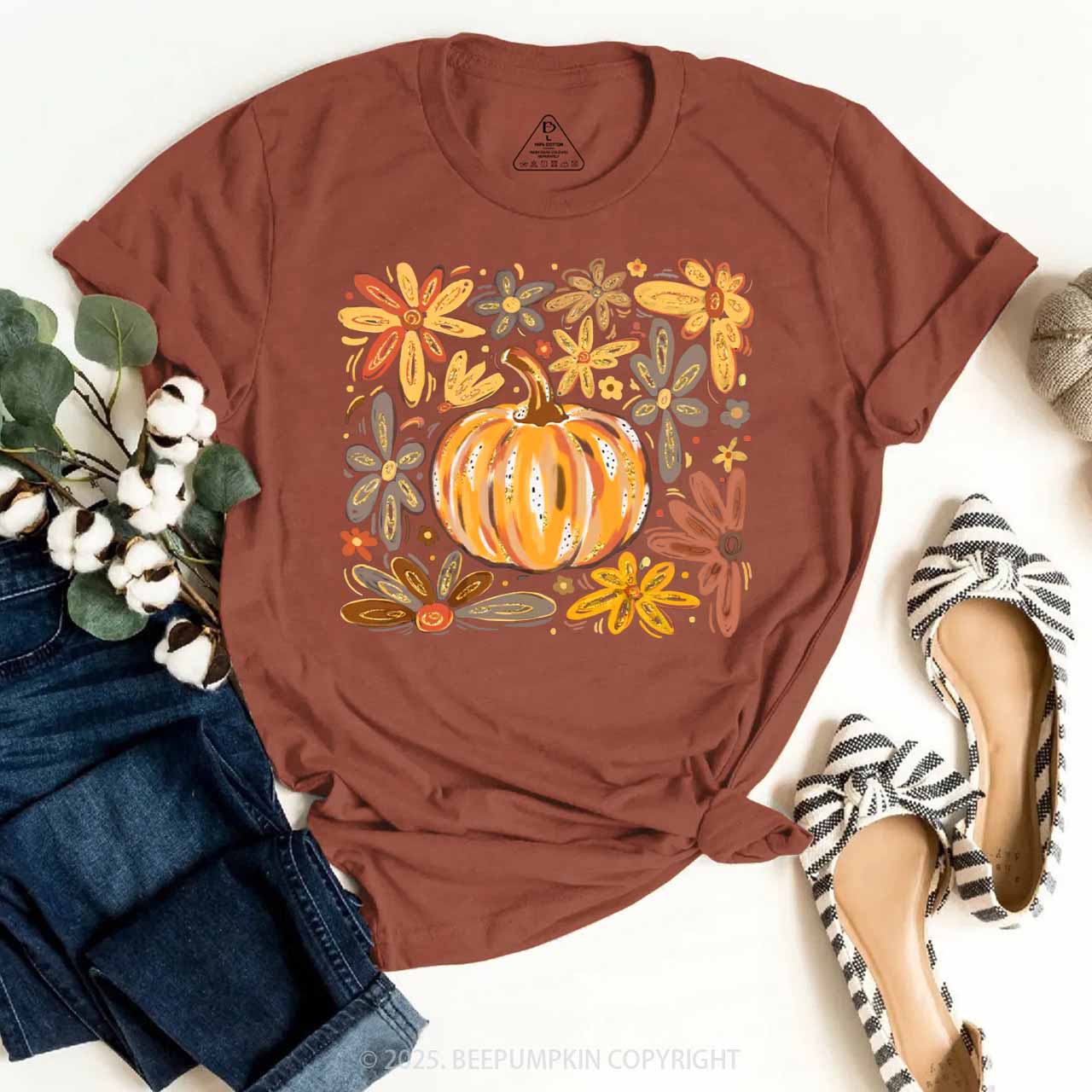 Glitter Boho Fall Floral Pumpkin T-Shirts Beepumpkin 