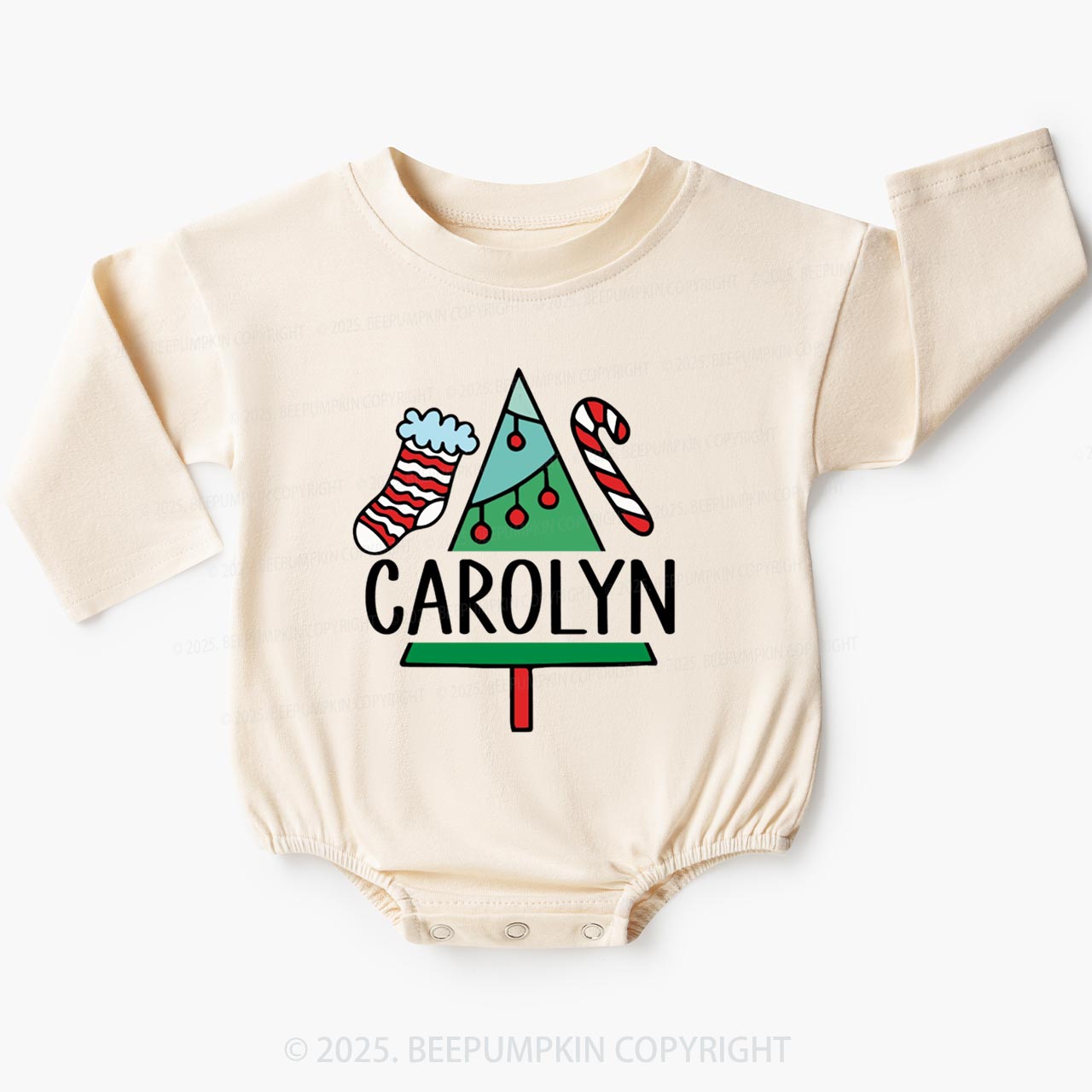 Personalized Hand Drawn Christmas Name Baby Bubble Romper Beepumpkin