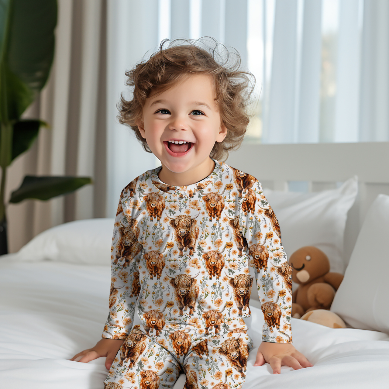 Highland Cows Floral Two-Piece Pajama Set For Kids