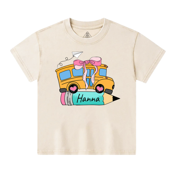 Personalized Bundle School Bus With Name Toddler&Kids Washed Tees