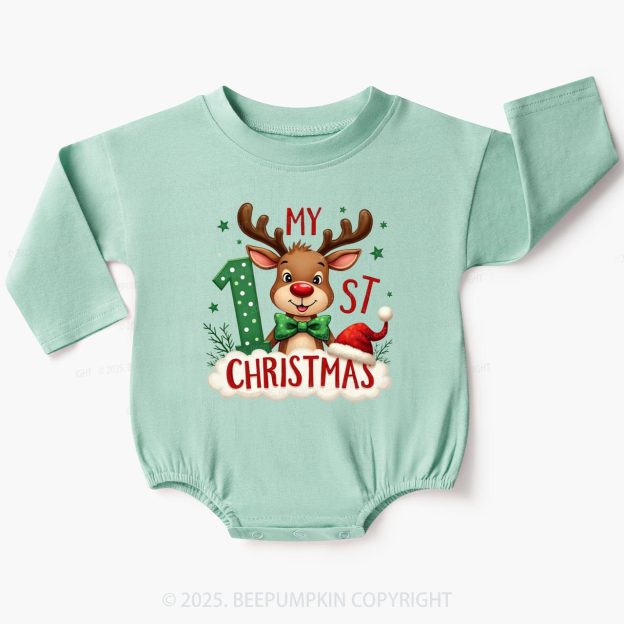 1st Christmas Cheer With Reindeer Baby Bubble Romper Beepumpkin