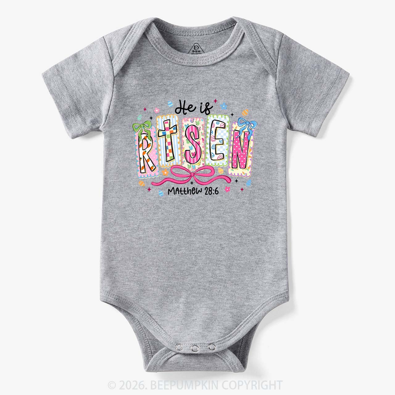Easter Bow Lettering He Is Risen Baby Bodysuit