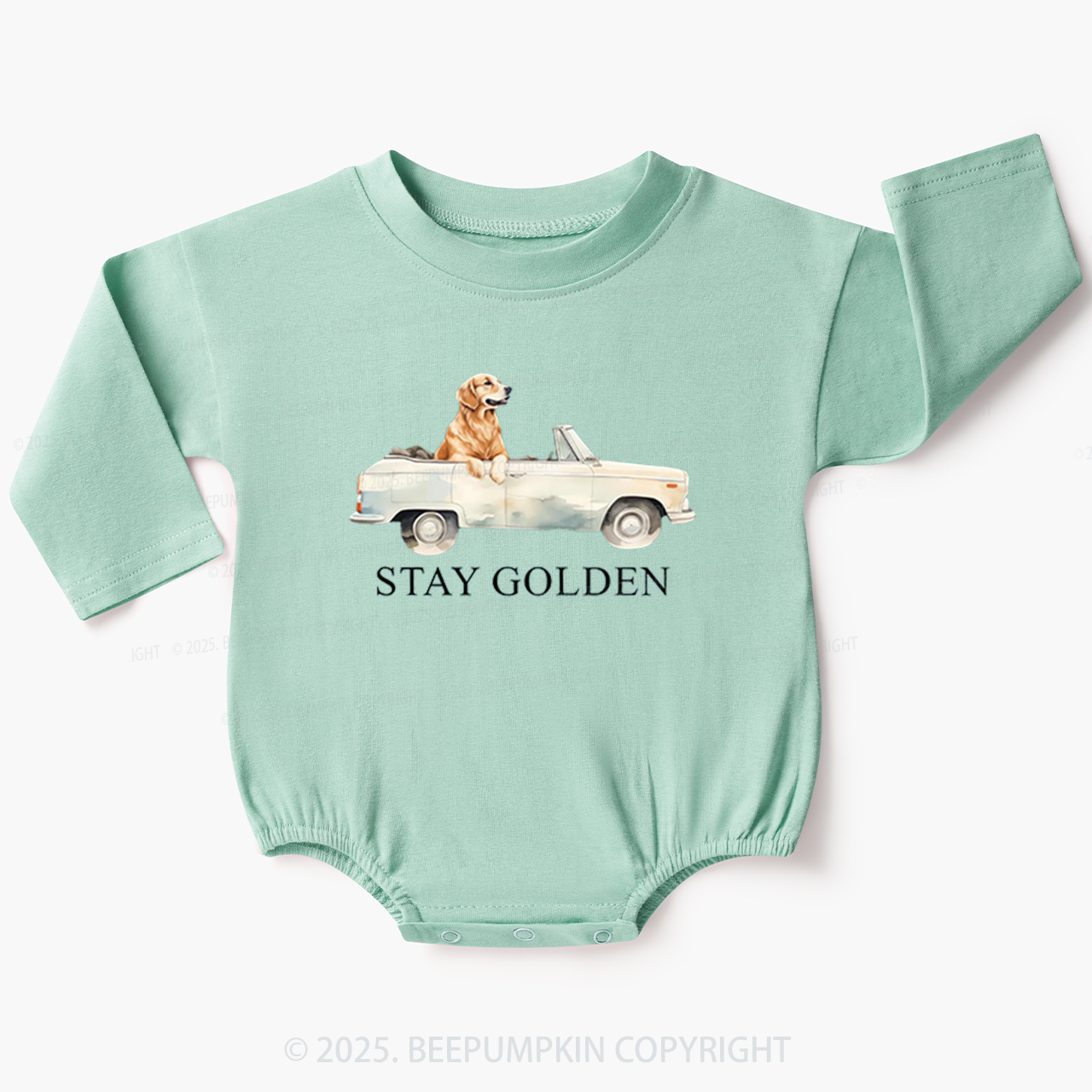 Vintage Golden Car and Golden Retriever Baby Bubble Romper Beepumpkin