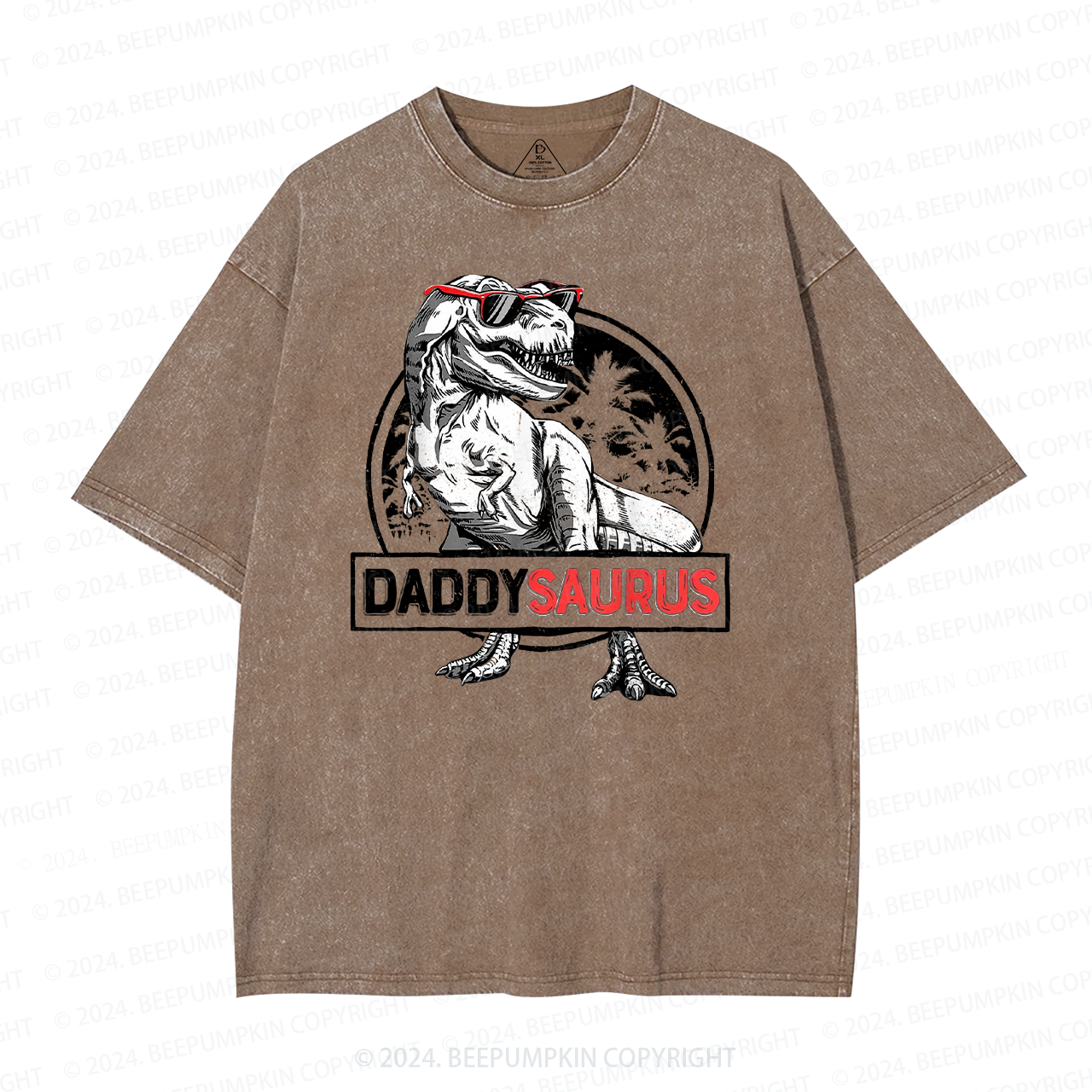 Daddy Saurus T-Rex With Glasses Washed T-Shirts 