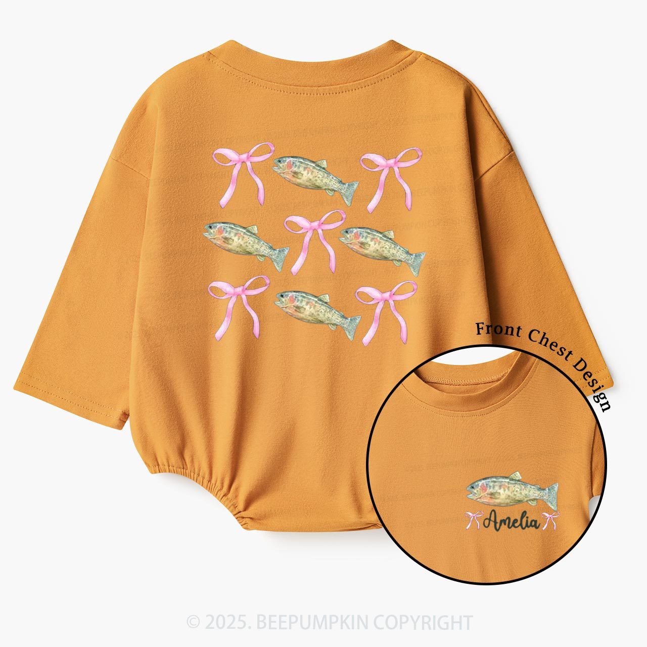 Personalized Pink Bow Fishing Baby Bubble Romper Beepumpkin