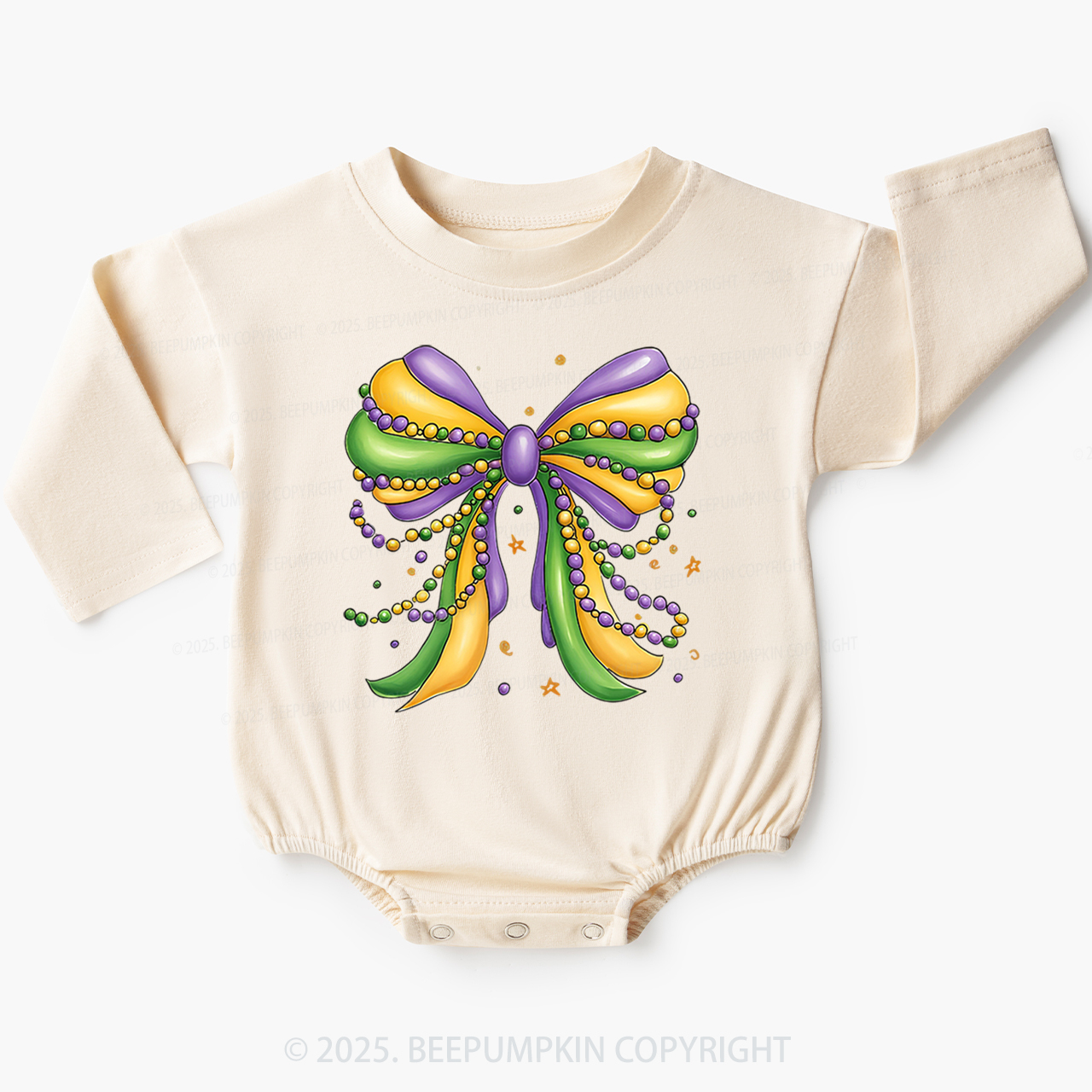 Mardi Gras Ribbon Bow Baby Bubble Romper Beepumpkin