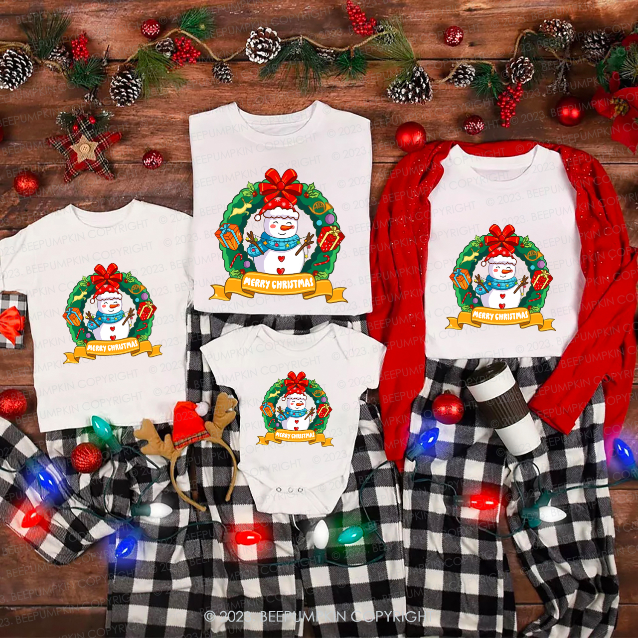Snowman in Christmas Wreath Matching Tees For Family Beepumpkin